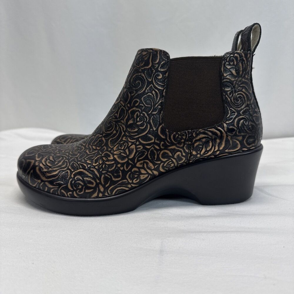 Alegria Eve Womens Ankle Boots 7 37 Bronze Rose Embossed Leather Boho Chic Teach